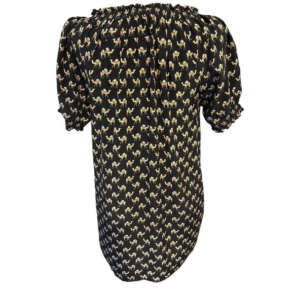 Joie 100% Silk Blouse Top Women's Size Medium Black Camel Print Key Hole Tassels - Picture 5 of 7